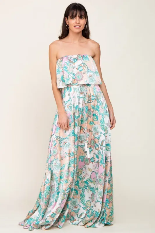 Jade Floral Satin Strapless Front Tie Maxi Dress sold by Pinkblush