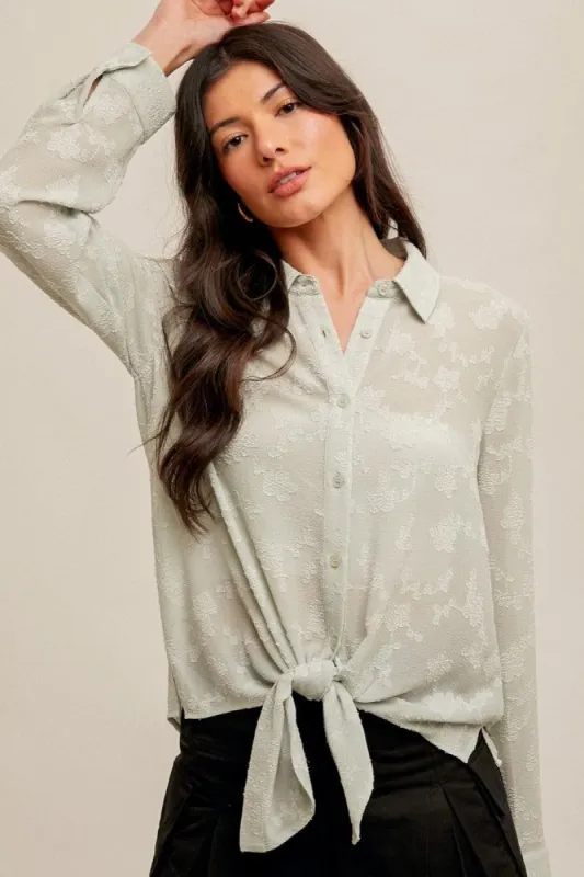 Mint Tie Waist Chiffon Jacquard Button Down Blouse sold by Pinkblush