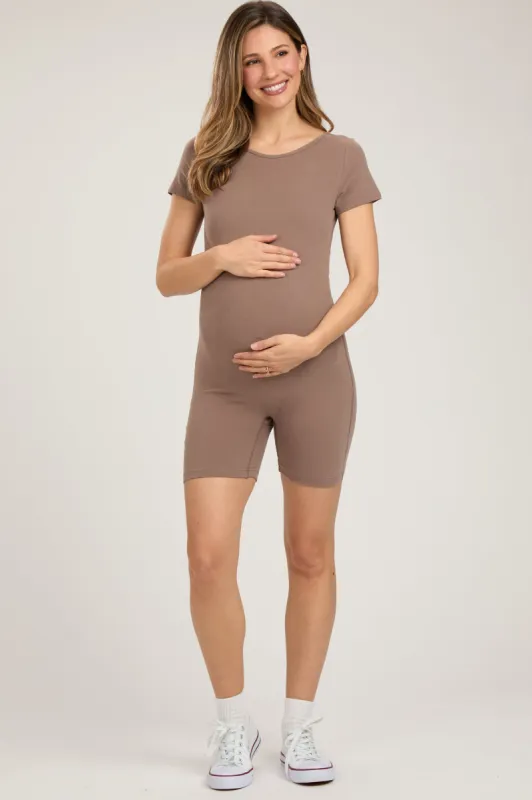Mocha Fitted Short Sleeve Maternity Romper sold by Pinkblush