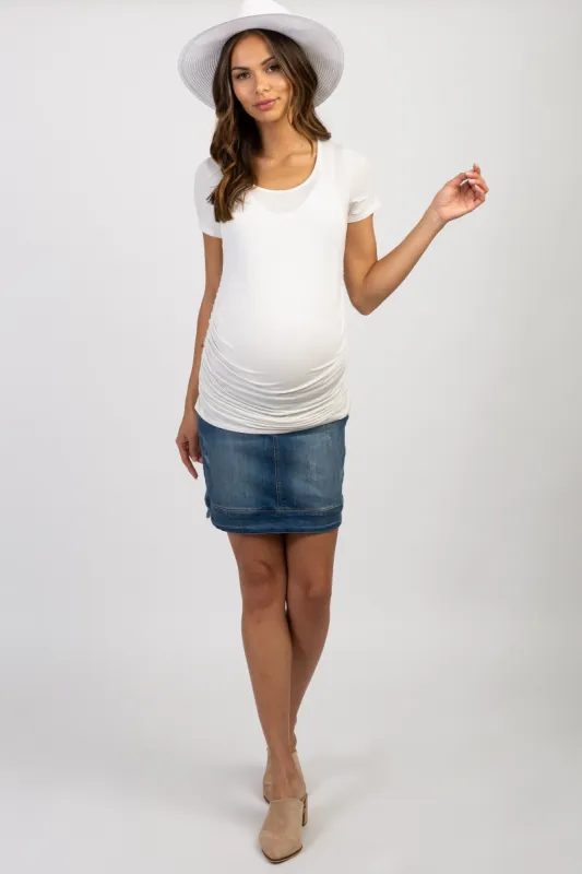 PinkBlush Navy Solid Distressed Maternity Denim Skirt made by Pinkblush