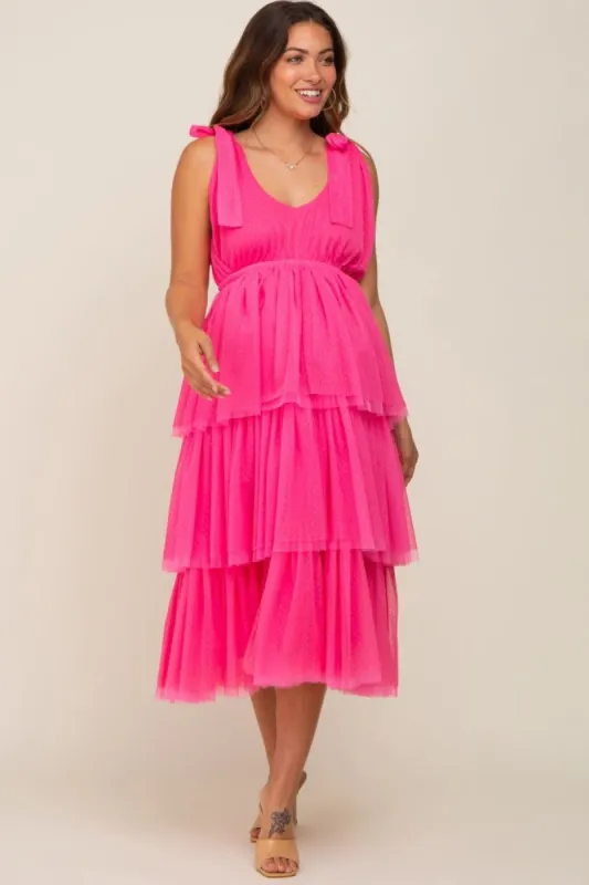 Fuchsia Sleeveless Tiered Tie Strap Tulle Maternity Midi Dress sold by Pinkblush