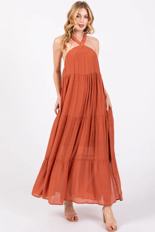 Rust Halter Tiered Maxi Dress sold by Pinkblush