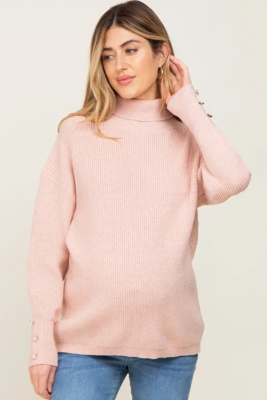 Light Pink Button Accent Turtleneck Maternity Sweater sold by Pinkblush