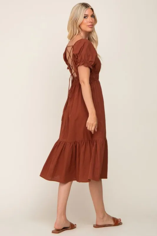 Camel Puff Sleeve Ruffle Hem Midi Dress sold by Pinkblush