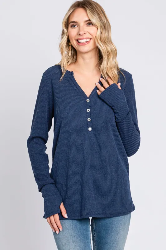 Navy Rib Knit Button Accent Long Sleeve Top sold by Pinkblush