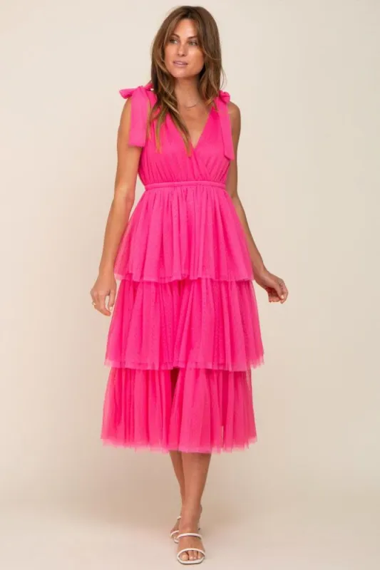 Fuchsia Sleeveless Tiered Tie Strap Tulle Midi Dress sold by Pinkblush