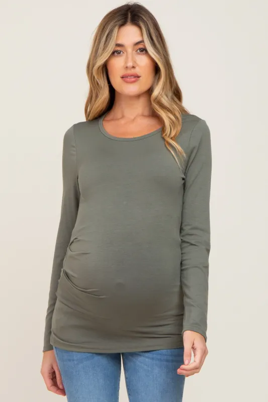 Olive Ruched Side Long Sleeve Maternity Top sold by Pinkblush