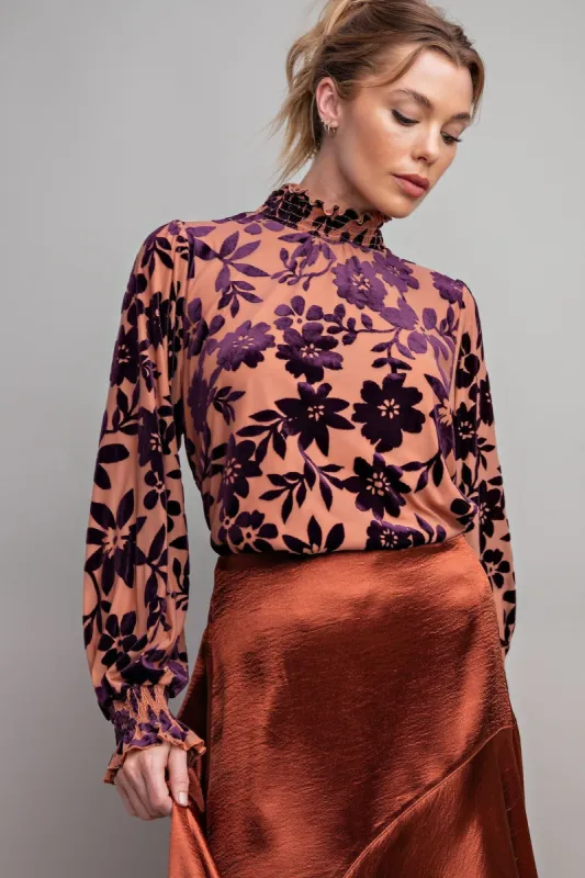 Eggplant Burnout Mock Neck Blouse sold by Pinkblush