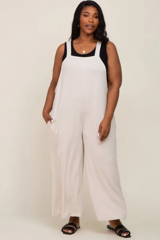 Beige Ribbed Plus Wide Leg Jumpsuit sold by Pinkblush