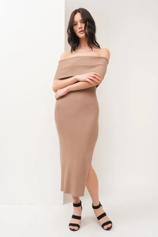 Mocha Off Shoulder Midi Dress sold by Pinkblush
