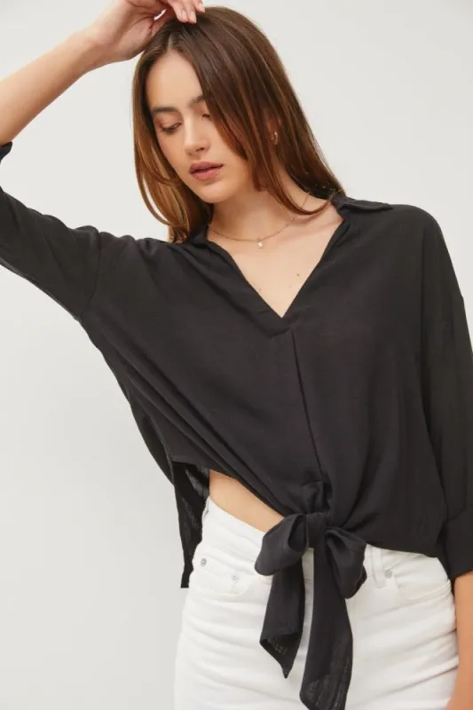 Black V-Neck Tie-Front Shirt With Roll Up Sleeve sold by Pinkblush