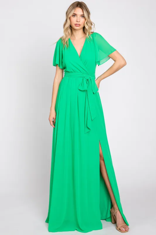 Green Chiffon Short Sleeve Wrap V-Neck Front Slit Maxi Dress sold by Pinkblush
