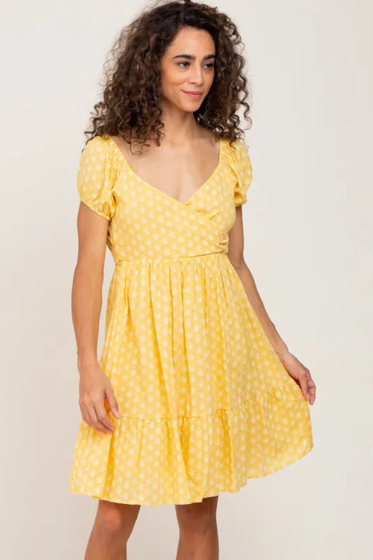 Yellow Floral Wrap Puff Sleeve Dress sold by Pinkblush