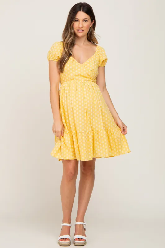 Yellow Floral Wrap Puff Sleeve Maternity Dress sold by Pinkblush