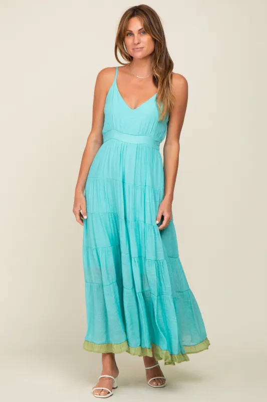 Aqua V-Neck Colorblocked Tiered Maxi Dress sold by Pinkblush