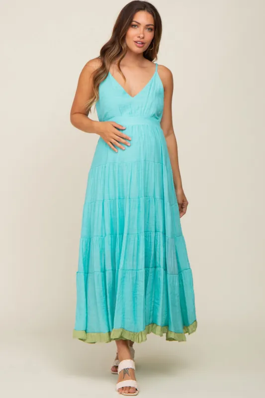 Aqua V-Neck Colorblocked Tiered Maternity Maxi Dress sold by Pinkblush