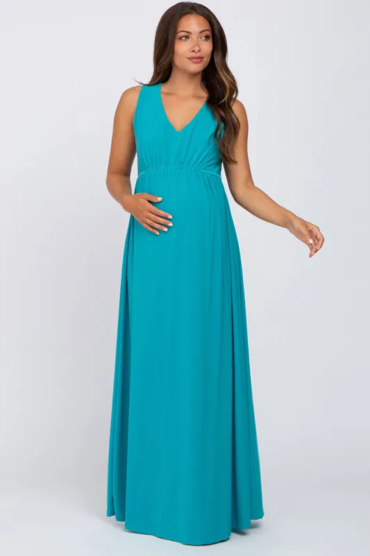 Turquoise V-Neck Sleeveless Maternity Maxi Dress sold by Pinkblush