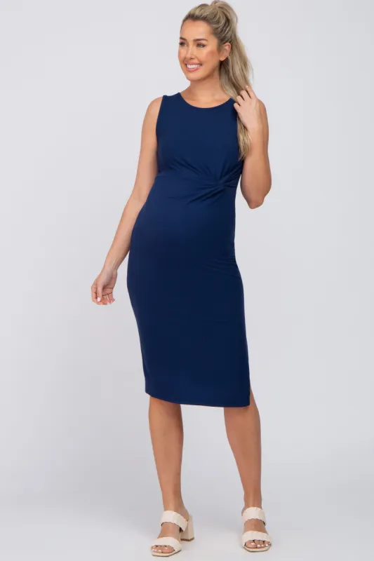 Navy Ribbed Sleeveless Gathered Maternity Dress sold by Pinkblush