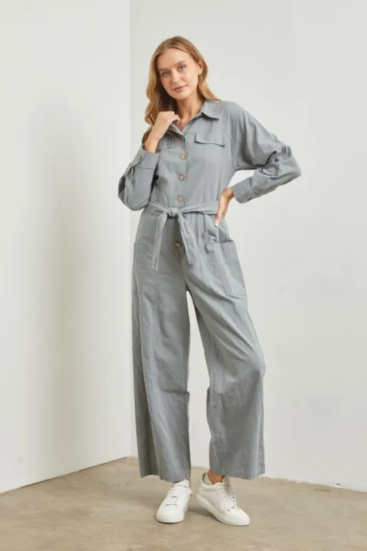 Denim Waist-Tie Linen Jumpsuit sold by Pinkblush