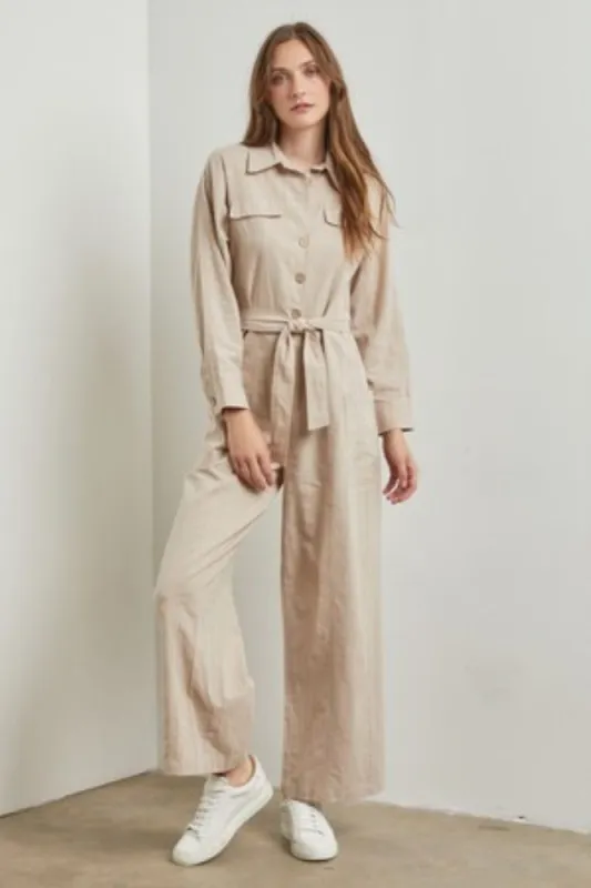 Taupe Waist-Tie Linen Jumpsuit sold by Pinkblush