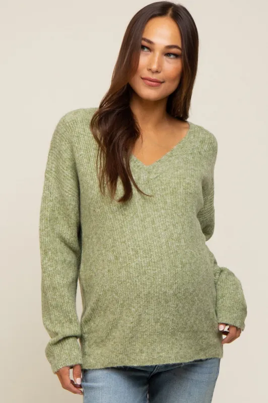 Olive V-Neck Relaxed Fit Maternity Sweater sold by Pinkblush