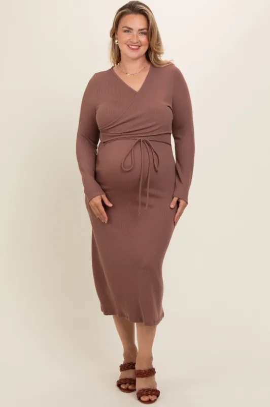 Brown Ribbed Long Sleeve Plus Maternity Wrap Nursing Dress sold by Pinkblush