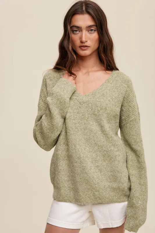 Olive V-Neck Relaxed Fit Sweater sold by Pinkblush