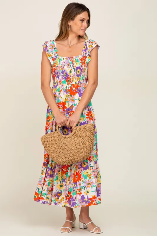 Ivory Floral Ruffle Strap Smocked Midi Dress sold by Pinkblush