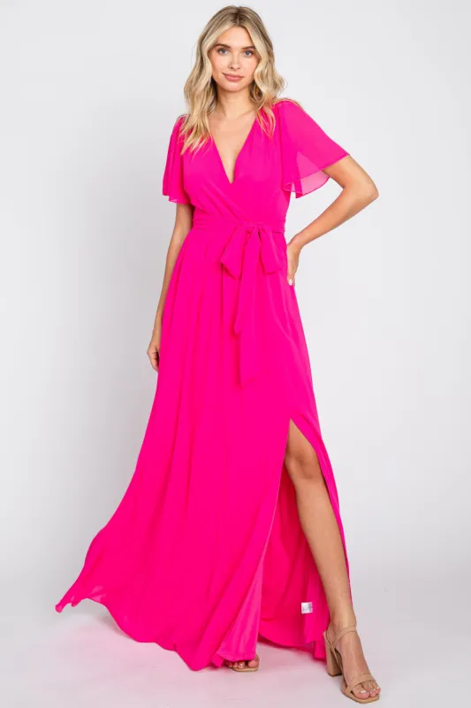 Fuchsia Chiffon Short Sleeve Wrap V-Neck Front Slit Maxi Dress sold by Pinkblush