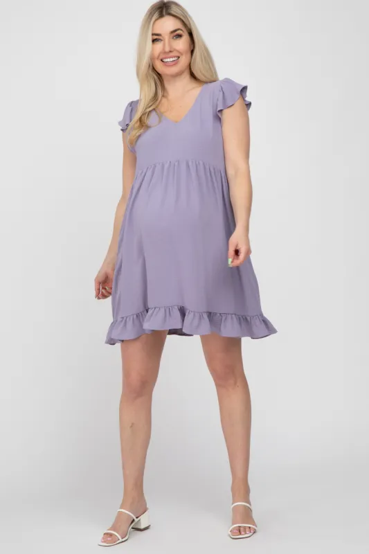 Lavender Ruffle Hem V-Neck Maternity Dress sold by Pinkblush