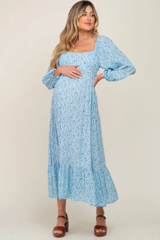 Blue Floral Square Neck 3/4 Sleeve Maternity Midi Dress sold by Pinkblush