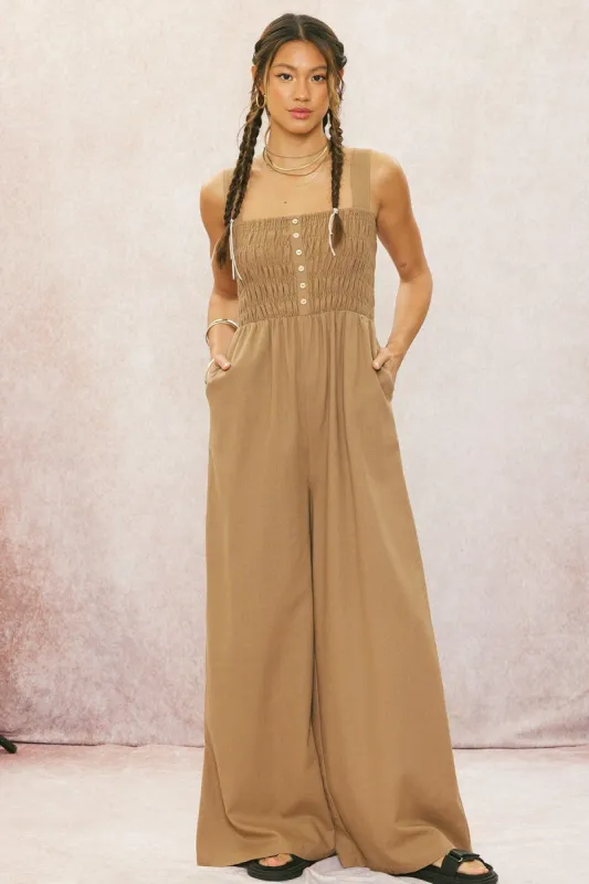 Mocha Smocked Button Accent Linen Jumpsuit sold by Pinkblush