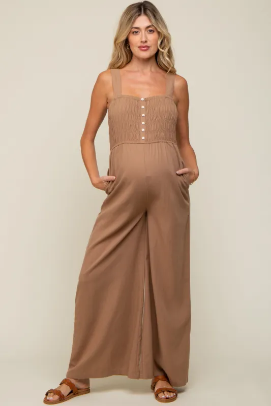 Mocha Smocked Button Accent Linen Maternity Jumpsuit sold by Pinkblush