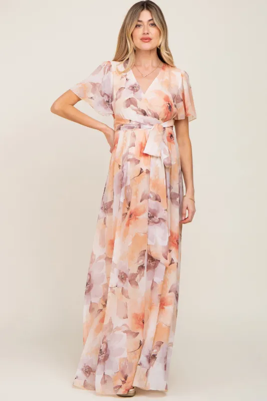 Peach Floral Chiffon Wrap Front Short Sleeve Maternity Maxi Dress sold by Pinkblush
