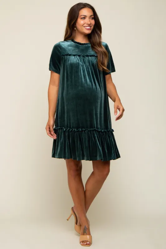 Dark Jade Ruffle Accent Velvet Maternity Dress sold by Pinkblush