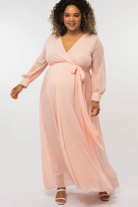 Peach Chiffon Long Sleeve Pleated Plus Maternity Maxi Dress sold by Pinkblush