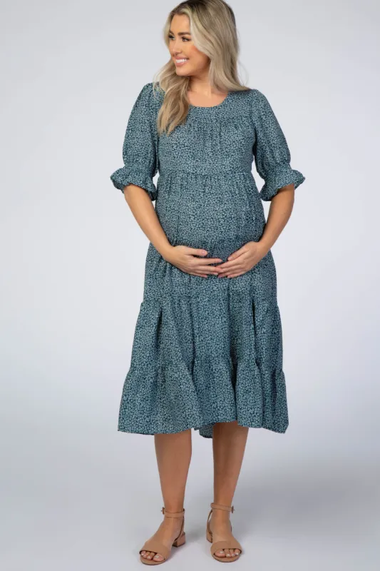 Teal Floral Tiered Maternity Midi Dress sold by Pinkblush