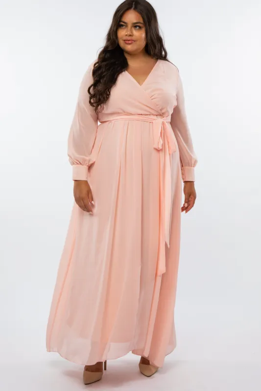 Peach Chiffon Long Sleeve Pleated Plus Maxi Dress sold by Pinkblush