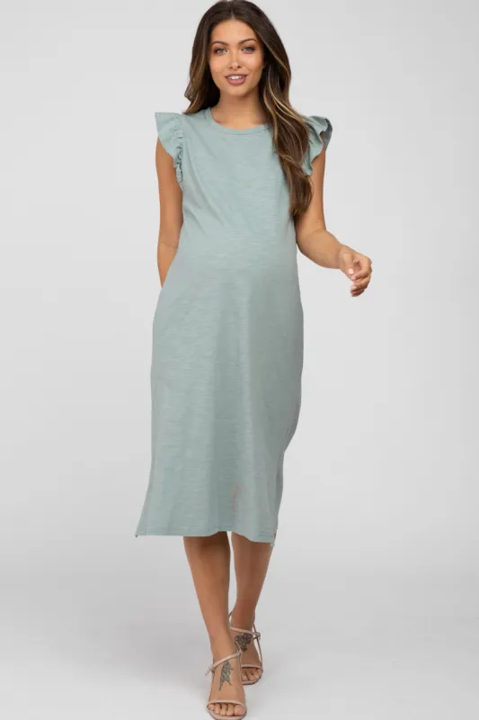 Mint Green Ruffle Sleeve Maternity T-Shirt Midi Dress sold by Pinkblush