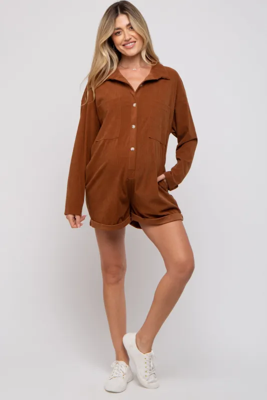 Camel Corduroy Button Up Front Pocket Maternity Romper sold by Pinkblush