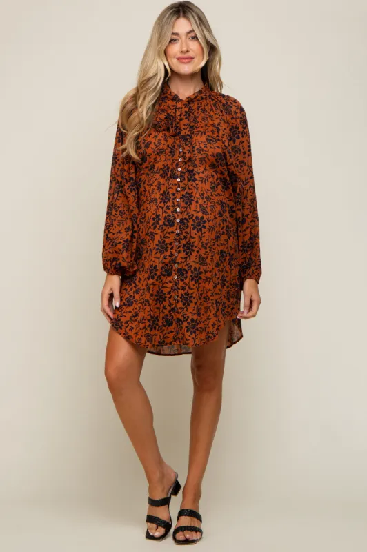 Rust Floral Button Down Long Puff Sleeve Maternity Dress sold by Pinkblush