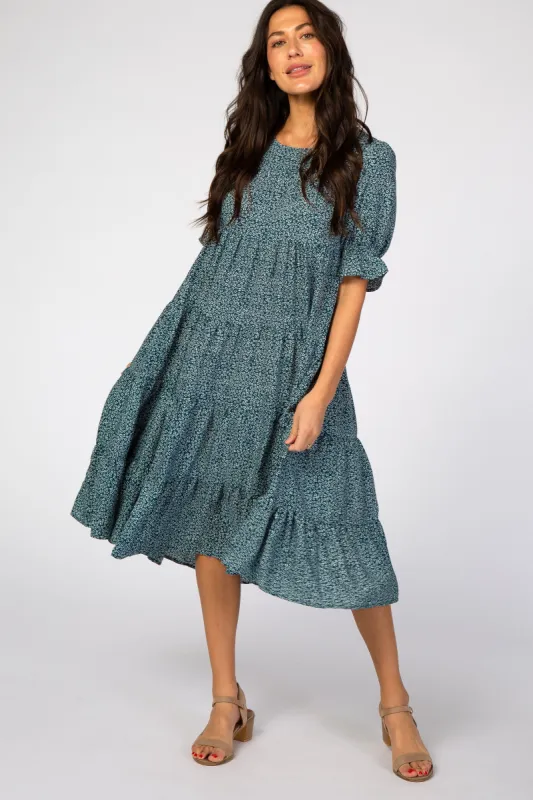 Teal Floral Tiered Midi Dress sold by Pinkblush