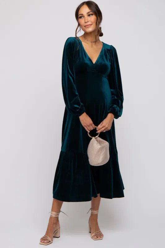 Emerald Green V-Neck Ruffle Hem Velvet Maternity Midi Dress sold by Pinkblush