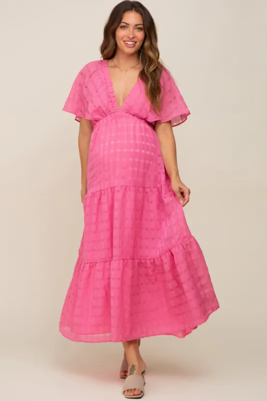 Pink Gingham Chiffon Tiered Maternity Midi Dress sold by Pinkblush