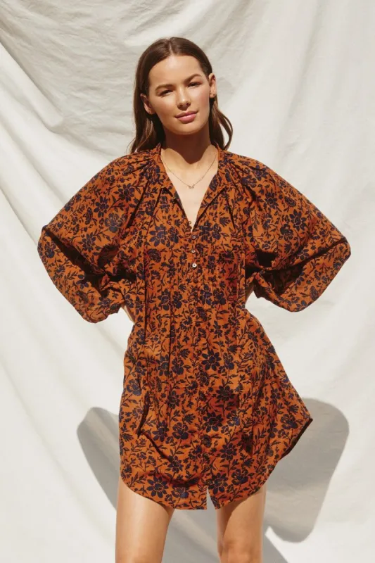 Rust Floral Button Down Long Puff Sleeve Dress sold by Pinkblush
