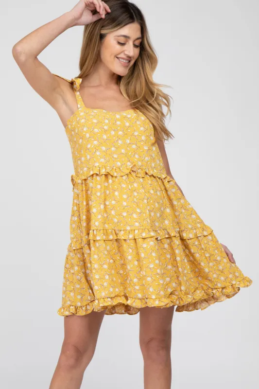 Yellow Floral Tiered Maternity Mini Dress sold by Pinkblush