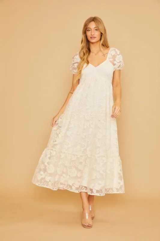 Cream Floral Embroidered Puff Sleeve Midi Dress sold by Pinkblush