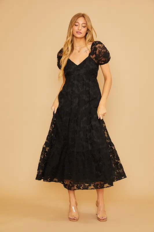 Black Floral Embroidered Puff Sleeve Midi Dress sold by Pinkblush