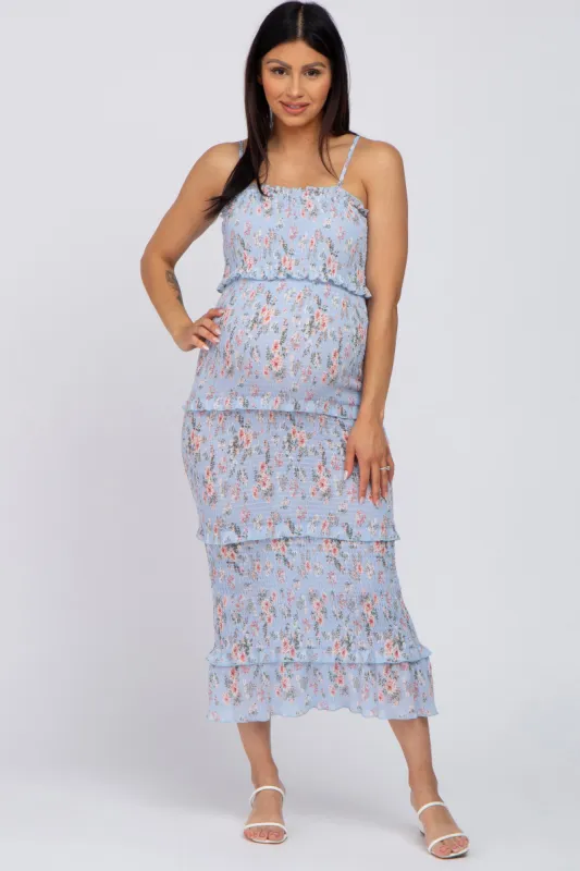 Light Blue Floral Smocked Fitted Maternity Midi Dress sold by Pinkblush