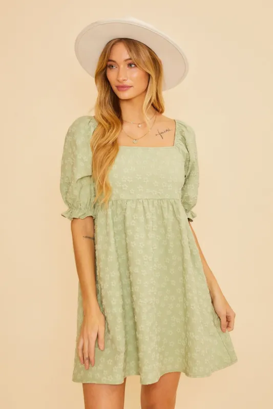 Light Olive Floral Textured Square Neck Babydoll Dress sold by Pinkblush